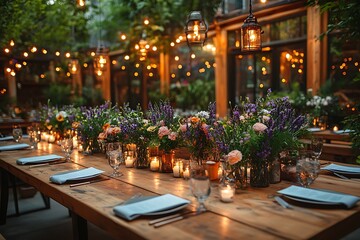 Rustic outdoor wedding reception with long table and candles at dusk