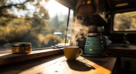 Cup of hot coffee on the table in a camper van