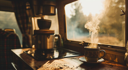 Cup of hot coffee on the table in a camper van