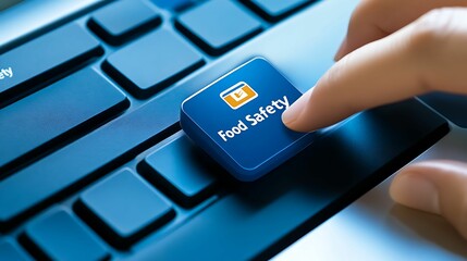 food safety hygiene risk. A hand pressing a blue key labeled "Food Safety" on a computer keyboard, symbolizing online resources for food safety management.
