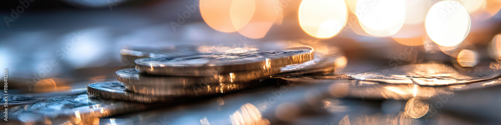 Poster close-up photograph of stacked metallic coins with bokeh background