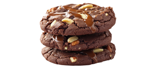 A photo of dark chocolate cookies with caramel and nuts, presented in three poses ， isolated on transparent png or white background