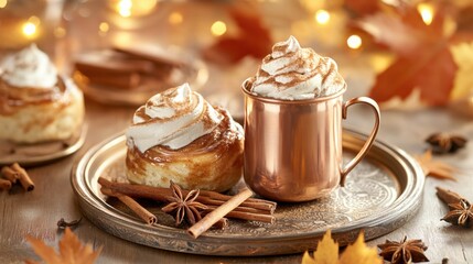 Cinnamon Roll & Spiced Latte: A warm and inviting autumnal scene featuring a delectable cinnamon roll topped with fluffy frosting.