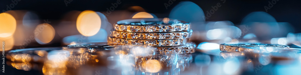 Poster stack of reflective coins with bokeh background