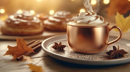 Autumnal Coffee Indulgence: A steaming mug of creamy coffee sits on a rustic table, surrounded by cinnamon sticks, star anise, autumn leaves, and delicious pastries.
