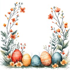Vibrant Watercolor Easter Eggs Surrounded by Delicate Floral Border Perfect for Celebrating Chinese New Year and Spring Festivities in a Minimalist Style