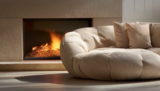 A cozy beige couch with textured cushions, placed in front of a modern fireplace with a fain