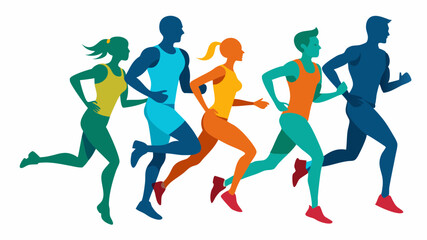 Marathon run, Group of running people, men and women. Isolated vector silhouettes. Dynamic Running Silhouettes - Group of Marathon Runners in Flat Design.