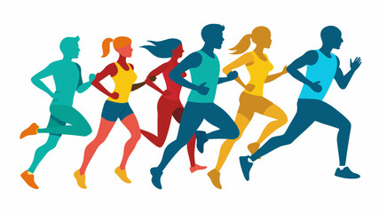 Marathon run. Group of running people, men and women. Isolated vector silhouettes. Dynamic Running Silhouettes - Group of Marathon Runners in Flat Design.