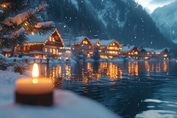 Fototapeta premium A festive card that displays a house amidst a mountain range blanketed in snow