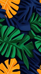 Tropical leaf design with textured green and blue colors on dark background