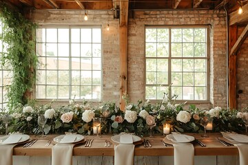 Fototapeta premium Rustic yet elegant wedding table setting with lush floral centerpiece.