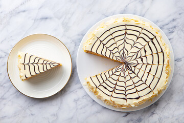 Traditional Hungarian Esterhazy cake on a white plate. Marble background. Close up. Top view.