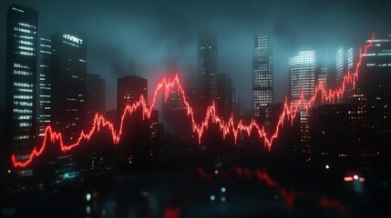 Urban Market Pulse: A dramatic cityscape shrouded in mist with a vibrant red line chart surging upward, symbolizing financial growth and economic momentum in a dynamic urban environment. 