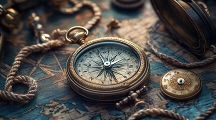 Antique Compass on Vintage Map: A Journey Through Time