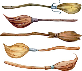 Watercolor hand painted Brooms set. Flying broom. Illustration isolated on white background. Use it for postcards, invitations, and scrapbooking.