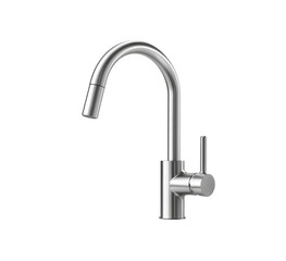 Modern stainless steel kitchen faucet featuring a sleek, curved design and single handle operation. Perfect for contemporary kitchens. Isolated on transparent background, png.