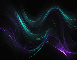 Naklejka premium A dark abstract background dominated by deep black tones with glowing neon purple and mint green streaks weaving dynamically across the canvas