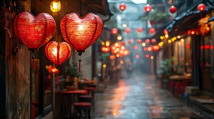 Fototapeta premium Romantic Heart Shaped Lanterns Illuminate a Charming Asian Street at Night
