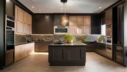  High-contrast cabinetry design with black cabinets below and beige ones above, showcasing a