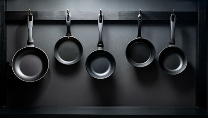 Matte black cookware displayed on open racks, framed by moody lighting and a soft shadow gra