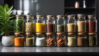 Modern glass jars filled with colorful dry ingredients arranged symmetrically on a dark kitc