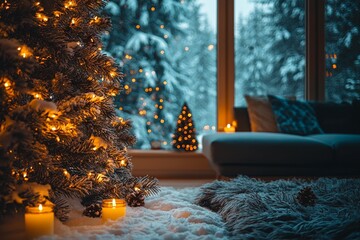 A cozy living space adorned with a meticulously crafted Orthodox Christmas tree featuring vintage ornaments and candles, framed by a picturesque snowy view from the window