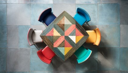 Top view of a colorful table with a checkerboard pattern, surrounded by mix-and-match mid-ce