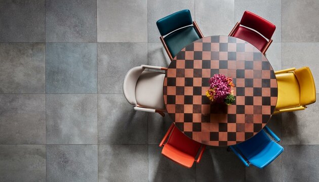 Top view of a colorful table with a checkerboard pattern, surrounded by mix-and-match mid-ce