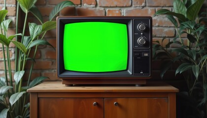 Vintage tv set with green screen sits on wooden cabinet in room with brick wall, plants. Retro tech piece displays blank green chroma key screen. Nostalgic 90s tv concept. Old fashioned home tech.