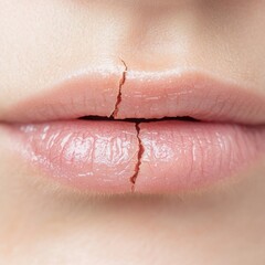 Fototapeta premium health risks symptoms habits.A close-up of cracked lips, showcasing dry skin and visible fine lines, highlighting the need for hydration and lip care.