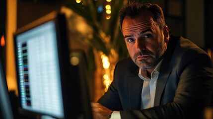 Intense Focus: A man in a suit sits before a computer screen, his expression serious and thoughtful, illuminated by the soft glow of the screen in a dimly lit room.