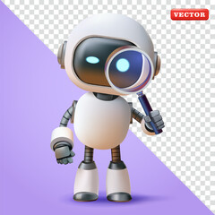 Robot looking with magnifying glass, 3d vector. Suitable for technology, search and education