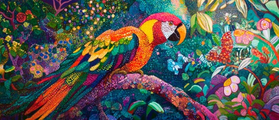 Vibrant pointillist painting of colorful macaw parrot surrounded by tropical flowers and foliage in dotted mosaic style. Generative AI