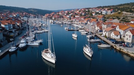 Obraz premium A scenic marina bustling with luxury yachts along a charming coastal town, capturing the essence of nautical elegance and tranquil seaside living.