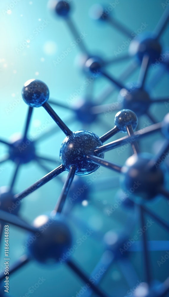 Aufkleber Closeup view of abstract blue molecular structures. Complex interactions, chemical reactions visually represented. Bubbles suggest fluid dynamics. Focus on intricate details of molecule formation.