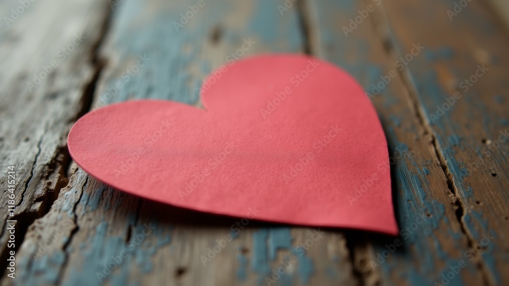Poster the image is a close-up of a red paper heart on a wooden surface. the heart is in the center of the 