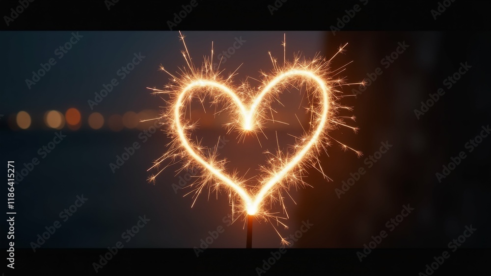Aufkleber the image is a close-up of a sparkler in the shape of a heart. the sparkler is lit up with a warm or