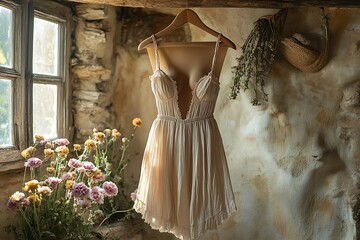 A vintage-inspired beige dress hanging in a rustic interior with flowers.
