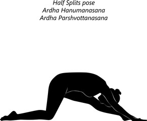 Silhouette of woman practicing Ardha Hanumanasana yoga pose. Half Splits pose or Half Divine Monkey pose. Isolated vector illustration