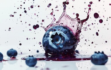 A juicy blueberry levitating with rich splashes of blueberry jam swirling around it on a pristine white surface
