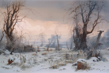 winter rural landscape with an abandoned village. The trees stand without leaves, their bare branches create an atmosphere of desolation. 