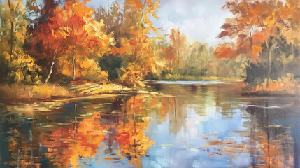 Fototapeta premium Autumn Nature Landscape: Lake, Bridge, and Golden Forest Pathway with Romantic Views