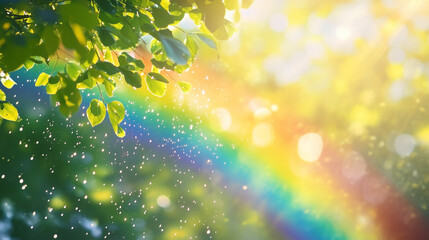 A rainbow is in the sky with a tree in the background