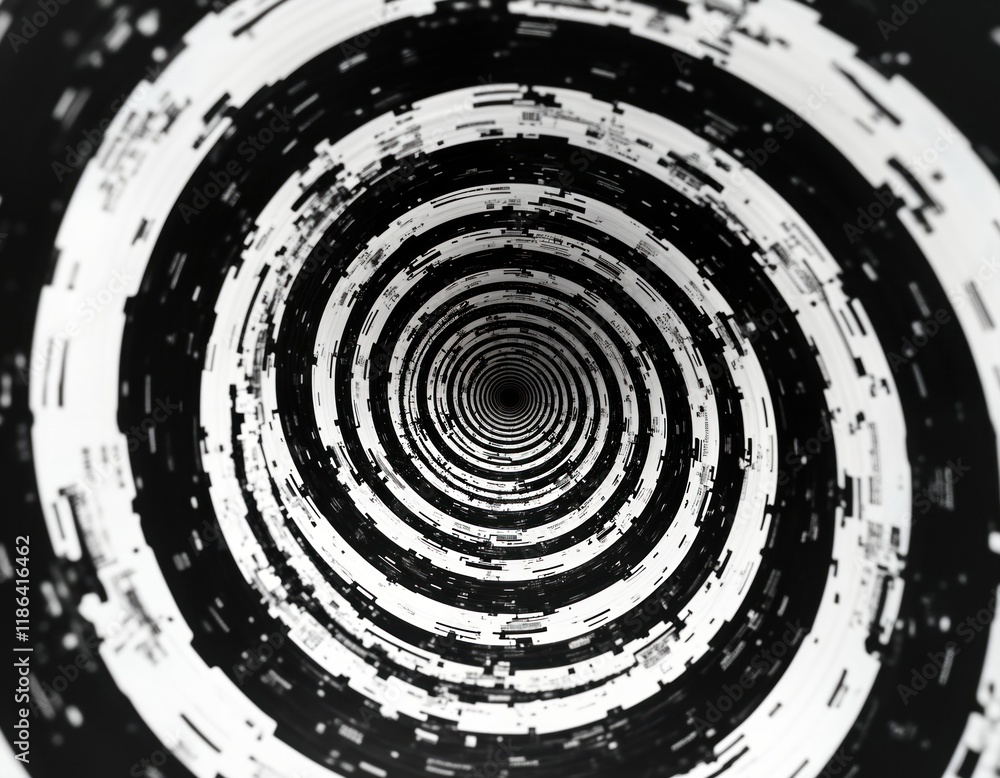 Poster Abstract black, white spiral design. Concentric circles, swirl pattern create illusion of depth. Design hypnotic, mesmerizing pattern. Geometric shape illustration with round forms. Suitable for