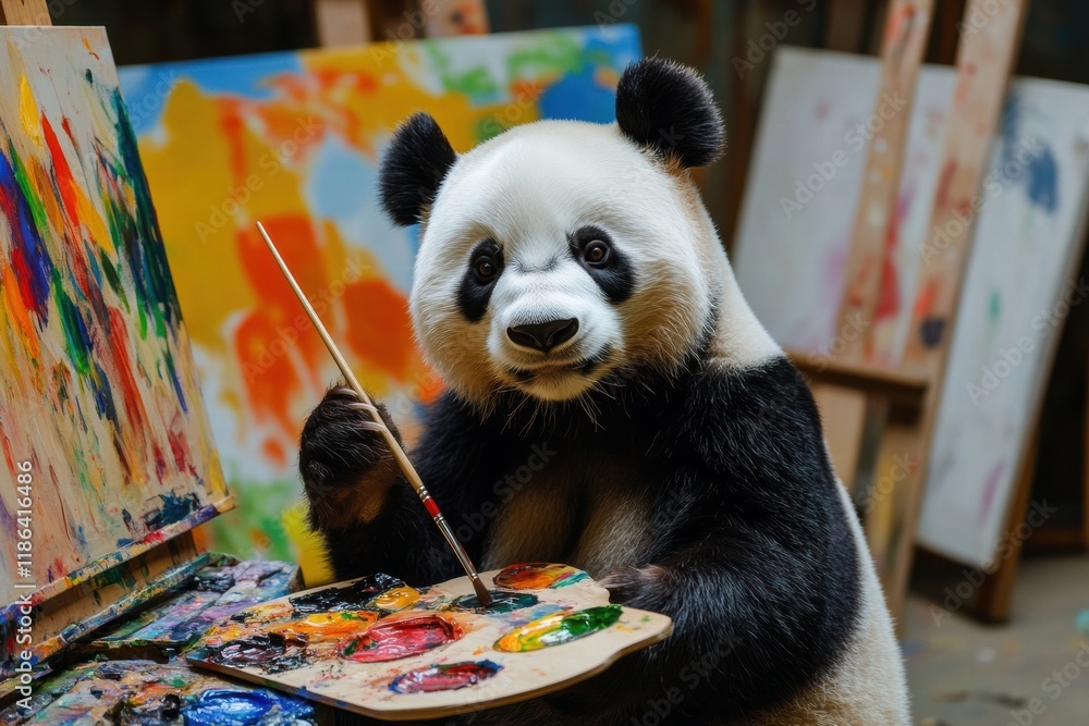 Aufkleber Artistic panda holds paintbrush and palette in colorful studio setting. Generative AI