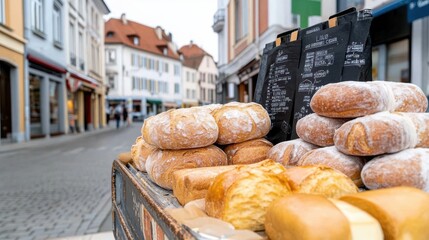 Freshly baked bread on display in a cozy European city street corner, capturing a blend of tradition and inviting aromas on a bright day.