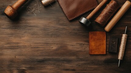 Leather crafting tools arranged on a wooden workspace