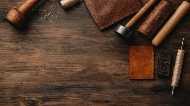 Leather crafting tools arranged on a wooden workspace