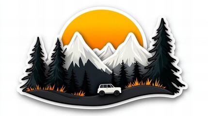 A white SUV journeys across a scenic landscape, framed by majestic mountains and lush forests under a vibrant sunset.